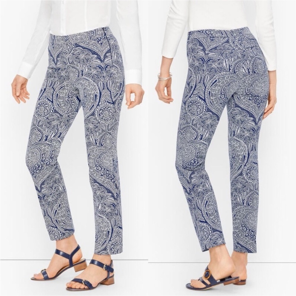 10 Talbots Chatham Ankle Navy & White Paisley Print Stretch Pants